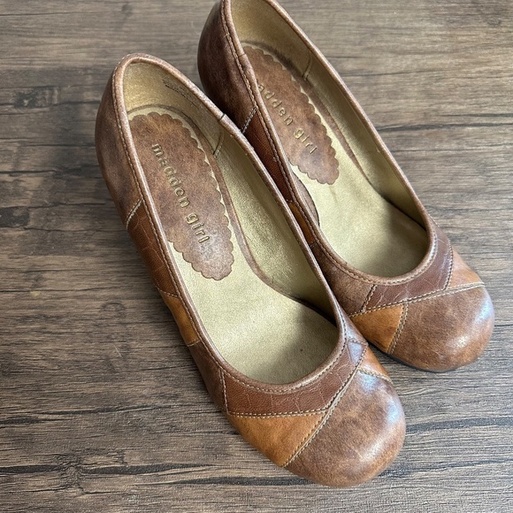*MADDEN GIRL* Brown Danceer Faux Leather Patchwork Heels Size 6 - Picture 2 of 13